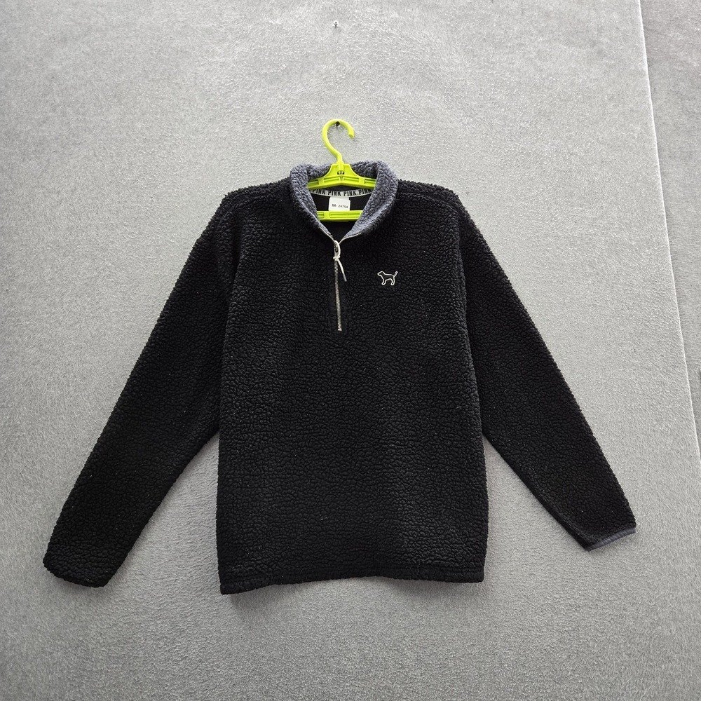 PINK Victoria's Secret Women Sweatshirt L/G Black Embroidered Fleece Dog Campus